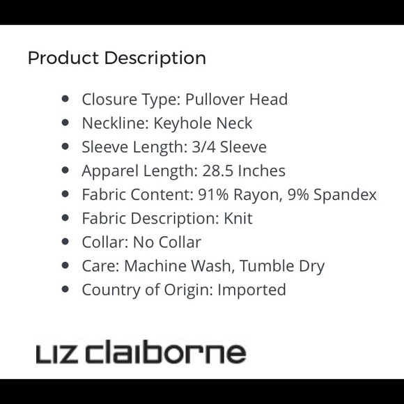 NWT Liz Claiborne 3/4 Sleeve Keyhole Tunic Top - Picture 4 of 4
